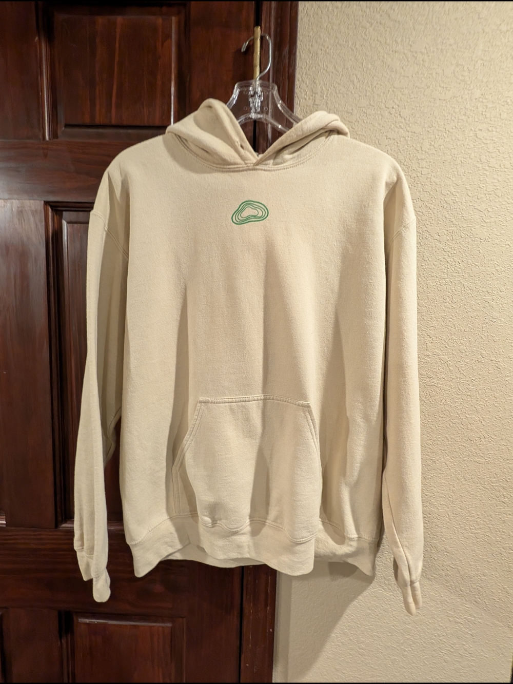 Gildan Cream Hoodie with Small Green Logo Missing Hood String